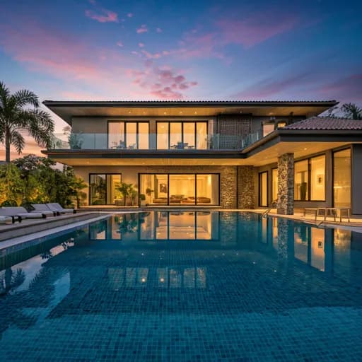 Completed luxury villa at golden hour