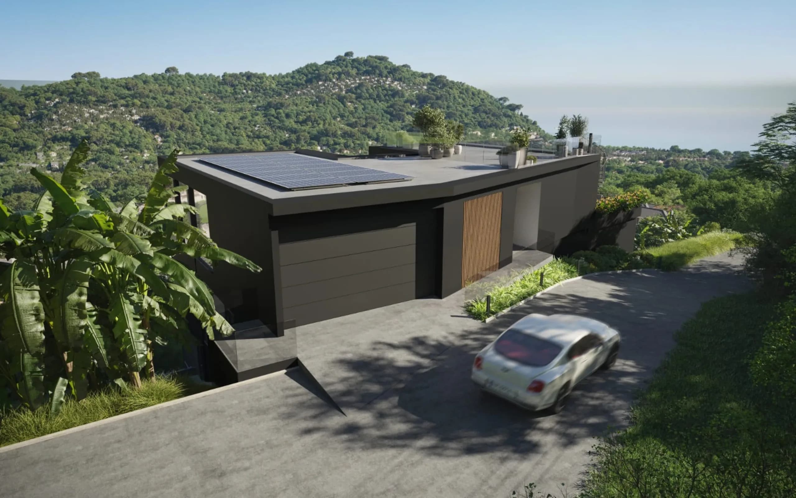 Hillside arrival court with double garage and panoramic views