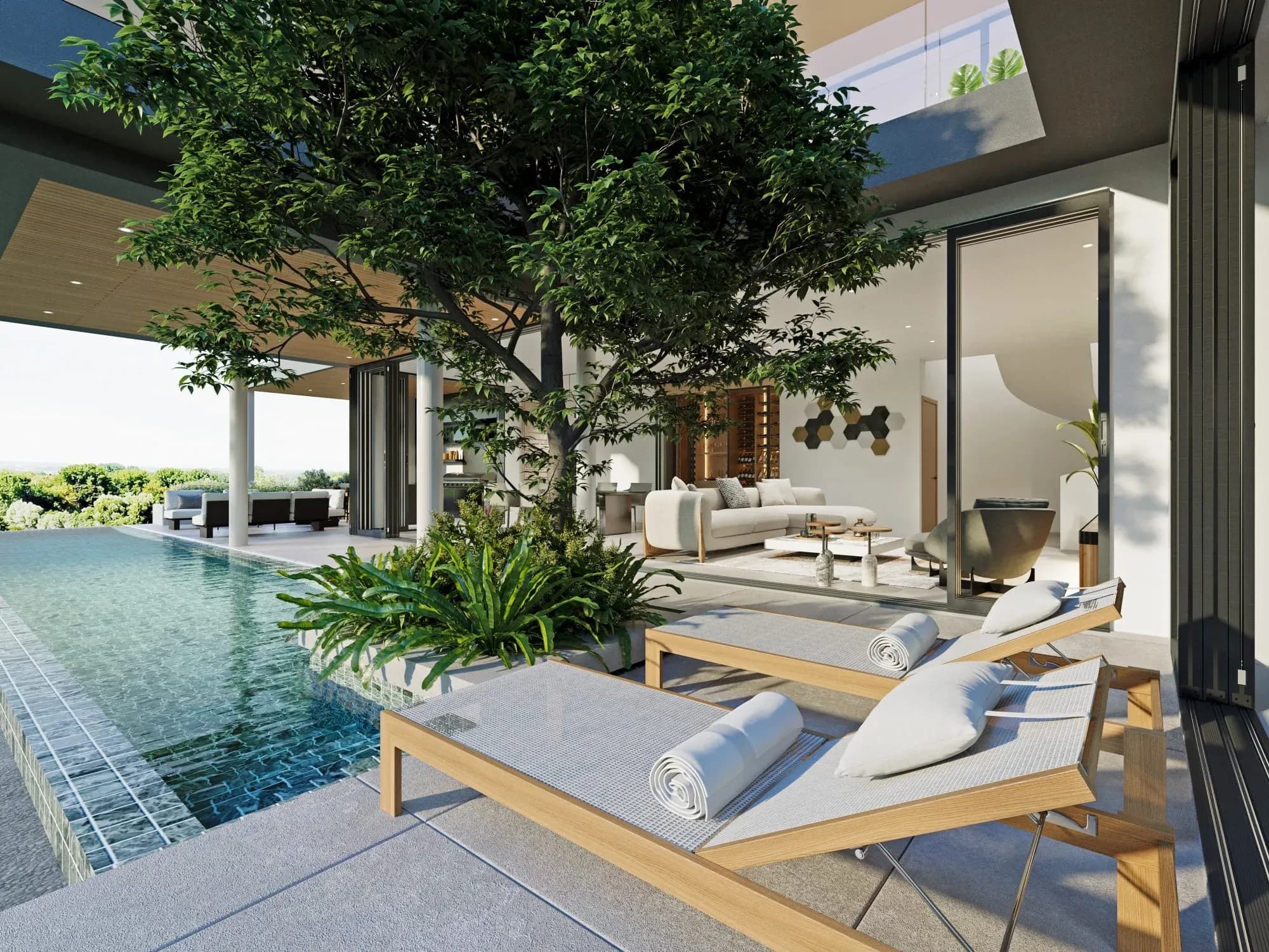 Intimate pool corner with mature tree canopy